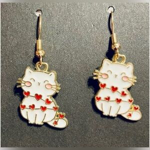 🐈 Valentine Mischievous Cat Tangled in Red Heart Lights Pierced Earrings